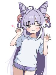 875108 :3 ahoge alternate_costume arms_up blue_eyes blunt_bangs blunt_ends blush claw_pose closed_mouth commentary_request cone_hair_bun cowboy_shot cyan_eyes double_bun fox fox_girl gesture hair_horns hair_intakes hair_ornament hair_ribbon hair_rings half-closed_eyes hands_up heart looking_at_viewer multicolored_eyes one_eye_closed pom_pom_hair_ornament pom_poms pose posing purple_hair purple_shorts ribbon shiny shiny_hair shiny_skin shirt short_sleeves shorts sidelocks simple_background standing stellive streaked_hair tagme tenko_shibuki two-tone_hair two-tone_shorts very_long_hair white_background white_hair white_ribbon white_shirt white_shorts white_streaks yellow_eyes yellow_pupils
