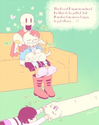  1other 2016 2boys 2d =_= ambiguous_gender animal animal_on_lap annoying_dog aqua_shirt aqua_stripes armor artist_name black_shorts blue_jacket boots brothers brown_hair butterfly_(symbol) cape character_name child couch digital_media dog double_horizontal_stripe english_text flower_(symbol) frisk_(undertale) full_body gloves green_background grey_hood hand_on_animal hand_on_another's_head headpat height_difference hollow_eyes hood hood_down hooded_jacket horizontal-striped_clothes human humanoid jacket lesser_dog long_neck male male_focus monster monster_boy multiple_boys on_couch on_lap open_clothes open_jacket pale_color papyrus_(undertale) pink_slippers powaro02 red_boots red_cape red_gloves sans_(undertale) shirt short_hair shorts siblings simple_background single_vertical_stripe sitting sitting_on_lap sitting_on_person skeleton slippers socks solid_eyes solid_oval_eyes sparkle striped_clothes striped_shirt striped_shorts teeth text twitter_username two-tone_shirt undead undertale utdr_(toby_fox) vertical-striped_clothes vertical-striped_shorts white_armor white_dog yellow_socks 