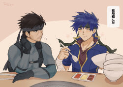  2boys beard_stubble blue_hair bowl brown_hair commentary_request eating facial_hair fire_emblem fire_emblem:_path_of_radiance food green_headband headband highres holding holding_bowl holding_spork ike_(fire_emblem) male_focus metal_gear_(series) mimummom multiple_boys short_hair solid_snake spork stubble super_smash_bros. translation_request 