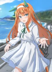  1girl alumina_(kennmeidesu) animal_ears blue_eyes blue_sky blunt_bangs blush collared_shirt ear_covers green_eyes green_ribbon hair_ornament hairband highres hime_cut horse_ears horse_girl horse_tail long_hair long_sleeves looking_at_viewer neck_ribbon open_mouth orange_hair orange_tail outdoors ribbon shirt silence_suzuka_(umamusume) skirt sky smile solo tail umamusume white_hairband white_shirt white_skirt 