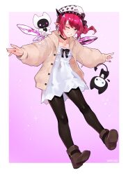  1girl ;d absurdres asymmetrical_wings beret black_choker black_pantyhose bloom_(irys) blue_eyes boots bow brown_boots brown_cardigan cable_knit cardigan choker commentary crystal_wings dress earrings empire_waist english_commentary full_body gloom_(irys) grin hat hat_bow highres hololive hololive_english hood hooded_cardigan irys_(casualrys)_(hololive) irys_(hololive) jewelry lace-trimmed_choker lace_trim long_sleeves looking_at_viewer mismatched_wings namiorii necklace official_alternate_costume official_alternate_hairstyle one_eye_closed open_cardigan open_clothes pantyhose pointy_ears puffy_long_sleeves puffy_sleeves purple_hair short_dress short_hair side_ponytail smile solo sparkle_print virtual_youtuber white_dress white_hat wings 