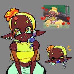  1girl baggy_pants blonde_hair dark-skinned_female dark_skin fangs frye_(deep_cut_outfit)_(splatoon) frye_(splatoon) game_screenshot hair_bun highres inkling_girl inkling_player_character invadrcat loose_clothes multicolored_hair pants pointy_ears shirt shorts sleeveless sleeveless_shirt smile splatoon_(series) splatoon_3 squid_girl turtleneck white_pants yellow_shirt 