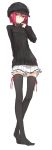  1girl :/ adjusting_clothes black_legwear casual hat highres looking_at_viewer miruto_netsuki no_shoes original pleated_skirt red_eyes redhead ribbed_sweater short_hair simple_background skirt solo sweater thigh-highs white_background zettai_ryouiki 
