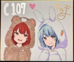  2girls :d absurdres animal_ears animal_hood bear_ears bear_hood blush brown_eyes closed_mouth commentary_request fake_animal_ears fang heart heterochromia highres hololive hood hood_up houshou_marine kiritoma multiple_girls onesie photo_(medium) rabbit-shaped_pupils rabbit_ears rabbit_hood red_eyes red_hair shikishi short_eyebrows smile symbol-shaped_pupils thick_eyebrows traditional_media usada_pekora virtual_youtuber 