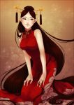  1girl arm_support bare_arms breasts brown_eyes brown_hair chinese_clothes dress hair_bun hair_ornament kneeling lips long_hair looking_to_the_side meago original personification qipao red_dress solo very_long_hair 