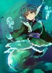  1girl blue_hair green_eyes head_fins highres mermaid monster_girl solo touhou underwater wakasagihime wataichi_meko 
