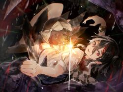  1girl arrow_(symbol) arrow_print black_hair bomb collar cone_horns dress explosive highres horns kijin_seija mitsusame multicolored_hair nimble_fabric red_collar red_eyes red_hair short_sleeves small_horns streaked_hair touhou white_dress white_hair white_horns 