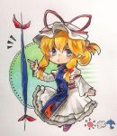  1girl blonde_hair bow clouds gap hair_bow hat long_hair marker_(medium) ponpoko ribbon solo sun tabard touhou traditional_media umbrella violet_eyes yakumo_yukari 