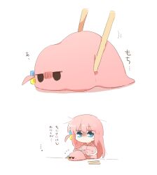  1girl bocchi_the_rock! chibi chibi_only chopsticks commentary_request cube_hair_ornament dual_persona gotoh_hitori gotoh_hitori_(tsuchinoko) hair_ornament holding holding_chopsticks holding_with_chopsticks jacket long_hair long_sleeves no_mouth one_side_up pink_hair pink_jacket rebecca_(keinelove) simple_background track_jacket translation_request white_background 