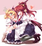  2girls :d alice_margatroid alternate_costume alternate_hairstyle anger_vein asymmetrical_docking bat_wings blonde_hair blush breast_press breasts enmaided fang fumitsuki_(minaduki_6) green_eyes hairband head_wings heart highres holding_hands kneeling koakuma long_hair low_wings maid multiple_girls open_mouth pointy_ears ponytail red_eyes redhead revision short_hair smile spoken_heart touhou uneven_eyes wings 