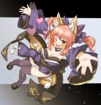  1girl amonitto animal_ears blush breasts caster_(fate/extra) cleavage detached_sleeves fang fate/extra fate/stay_night fate_(series) fox_ears fox_tail hair_bobbles hair_ornament heart japanese_clothes kimono one_eye_closed open_mouth purple_legwear redhead smile solo tail thigh-highs twintails yellow_eyes yukata 