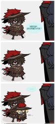  3boys 8ight black_coat black_hair blonde_hair brown_hair brown_hat brown_scarf chinese_text coat dark-skinned_male dark_skin feather_tail feathers hat heathcliff_(project_moon) highres hong_lu_(project_moon) hongyuan_(identity)_(project_moon) limbus_company male_focus multiple_boys project_moon red_eyes red_feathers scarf simple_background sinclair_(project_moon) translation_request white_background 