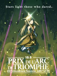  1girl alternate_language animal_ears bare_shoulders black_gloves black_thighhighs blue_eyes blunt_bangs breasts chrono_genesis_(prismatic_curator)_(umamusume) chrono_genesis_(umamusume) closed_mouth commentary_request detached_sleeves dress english_commentary gloves grey_hair hair_between_eyes horse_ears horse_girl horse_tail long_hair peeta shoes small_breasts smile solo tail thigh-highs umamusume 