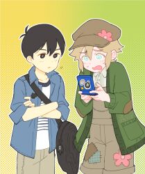  2boys bag_charm basil_(birthday)_(omori) basil_(faraway)_(omori) basil_(omori) black_bag black_eyes black_hair blonde_hair blue_eyes blue_jacket bright_pupils brown_hat brown_overalls cardigan character_bag character_charm character_sticker charm_(object) closed_mouth collarbone collared_jacket collared_shirt commentary_request crossed_arms green_cardigan hair_behind_ear handheld_game_console hat hector_(omori) holding holding_handheld_game_console jacket karume_ya_ki long_sleeves looking_at_another male_focus mewo multiple_boys newsboy_cap omori open_cardigan open_clothes overall_shorts overalls shirt short-sleeved_jacket short_sleeves something_(omori) sticker sunny_(birthday)_(omori) sunny_(omori) sweat t-shirt white_pupils white_shirt 