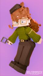  1girl absurdres armlet ass belt beltomnsfw blue_eyes curly_hair flat_chest glasses green_sweater hat highres holding holding_magnifying_glass huge_ass jewelry long_hair looking_at_viewer magnifying_glass minecraft minecraft_(style) pants pink_background sidelocks signature simple_background smile sweater 