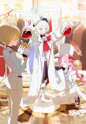  3girls absurdres arms_up black_gloves black_pants blonde_hair blue_archive blue_halo blush bm_tol boots bow bowtie braid braided_ponytail breasts cherino_(blue_archive) closed_eyes clothes_hanger clothes_rack clothes_shop coat commentary fake_facial_hair fake_mustache flat_chest fur-trimmed_boots fur_hat fur_trim gear_halo gloves hair_bow hair_intakes half_gloves halo hat high_heels highres indoors jacket lapels large_breasts lifting_another's_clothes long_hair marina_(blue_archive) military_uniform multiple_girls notched_lapels open_mouth oversized_clothes pants pedestal pink_hair raised_eyebrows red_bow red_bowtie red_halo red_trim red_winter_federal_academy_logo round_teeth shako_cap shop shopping short_hair sidelocks single_braid sleeves_past_fingers sleeves_past_wrists slice_of_life squatting standing striped_bow teeth tomoe_(blue_archive) trying_on_clothes undershirt unworn_clothes very_long_hair white_boots white_coat white_gloves white_hair white_jacket white_pants 