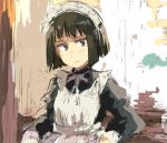  1girl alternate_costume apron black_dress black_eyes black_hair dress enmaided hashigo inagaki_mami light_smile long_sleeves lowres maid maid_apron maid_headdress ribbon short_hair sketch solo strike_witches white_ribbon 