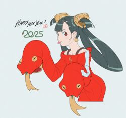  1girl 2025 achika_(overlord_jc) black_hair chinese_zodiac cropped_torso dress earrings forked_tongue gold_earrings hair_ornament hair_rings hand_puppet happy_new_year highres jewelry long_hair off-shoulder_dress off_shoulder original overlord_jc puppet red_dress red_eyes smile snake_hair_ornament snake_print solo sphere_earrings tongue tongue_out year_of_the_snake 