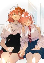  2girls absurdres ahoge artist_name bloom blue_skirt brown_skirt commentary_request diagonal-striped_clothes diagonal-striped_necktie facing_down facing_up fate/grand_order fate_(series) fujimaru_ritsuka_(female) hair_between_eyes hair_over_one_eye hand_on_lap highres holding_hands interlocked_fingers leaning_on_person legs_together mash_kyrielight medium_hair miniskirt multiple_girls nasubi_illust necktie off_shoulder official_alternate_costume orange_hair overlighting parted_lips pink_hair red_necktie shirt short_hair short_sleeves sitting skirt sleeping sleeveless sleeveless_shirt striped_clothes white_shirt wing_collar 