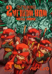  2boys 2girls adjusting_clothes adjusting_headwear blue_eyes closed_mouth fist_in_hand gloves green_gloves hard_hat helmet high-visibility_clothing high-visibility_vest highres inkling_boy inkling_girl inkling_player_character kuroki_shigewo multiple_boys multiple_girls octoling_boy octoling_girl octoling_player_character pink_eyes red_eyes rubber_gloves salmon_run_(splatoon) salmonid splatoon_(series) splatoon_3 translation_request yellow_eyes 