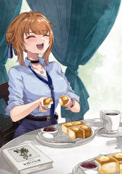  1girl :d ^_^ belt black_belt black_choker blue_necktie blue_shirt book bread bread_slice breasts brown_hair butter chair choker closed_eyes coffee collarbone collared_shirt commentary_request commission cup curtains dated egg_(food) food girls_frontline grizzly_mkv_(elite_on_patrol)_(girls'_frontline) grizzly_mkv_(girls'_frontline) hair_bun hair_ribbon highres holding holding_food jewelry kanmiya_shinobu large_breasts necklace necktie official_alternate_costume ogura_toast_(food) on_chair open_mouth plate red_bean_paste ribbon shirt sidelocks signature single_hair_bun sitting sleeves_rolled_up smile solo spoon striped_ribbon teeth toast upper_teeth_only 