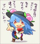  1girl blue_hair bow chibi food fruit hand_on_hip hat hinanawi_tenshi long_hair open_mouth peach pointing pointing_at_viewer ponpoko red_eyes smile solo touhou 