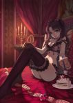  1girl bare_arms bed black_hair black_legwear blue_eyes bojue_yu_yaojing_695657 bra breasts cake candle candlestand cleavage fate/stay_night fate_(series) food fruit highres jewelry lace lace-trimmed_thighhighs legs lingerie long_hair long_legs looking_at_viewer navel necklace off_shoulder panties pendant plate sitting solo spoon strawberry thigh-highs thighs tohsaka_rin tongue tongue_out toosaka_rin twintails underwear 