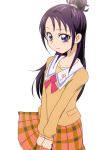  1girl futari_wa_precure_splash_star long_hair looking_at_viewer manji_(tenketsu) mishou_mai plaid plaid_skirt precure purple_hair school_uniform simple_background skirt solo violet_eyes white_background 