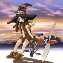  archived_source bad_link bare_arms bare_shoulders between_legs bicycle_reflector bicycle_seat blue-tinted_eyewear blue_eyes breasts brown_dress brown_gloves brown_hat brown_shoes cigar clouds cloudy_sky collared_dress dress engineering_nonsense fingerless_gloves floating floating_object gears gloves goggles goggles_on_headwear hand_between_legs hat hirai_yukio horizon living_clothes long_hair long_sidelocks mandarin_collar no_pupils original pedal propeller sharp_teeth shoes short_dress sidelocks sky sleeveless sleeveless_dress small_breasts smile smoke straight_hair sunset teeth tinted_eyewear unconventional_vehicle witch_hat yellow-framed_eyewear 