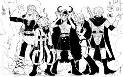  1girl 4boys ^_^ allout arm_tattoo armor boots braid cape capelet closed_eyes curly_eyebrows facial_hair fake_beard fake_facial_hair fake_horns flying_sweatdrops full_body gloves greyscale helmet highres horned_helmet horns leg_warmers long_hair long_nose monkey_d._luffy monochrome multiple_boys mustache nami_(one_piece) one_piece overalls roronoa_zoro sanji_(one_piece) scar scar_across_eye scar_on_face short_hair tattoo usopp vertical-striped_overalls 