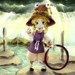  1girl bangle blonde_hair bracelet dark_clouds hair_ribbon hat jewelry light moriya&#039;s_iron_rings moriya_suwako pillar ribbon short_hair siroooo smile solo touhou water yellow_eyes 