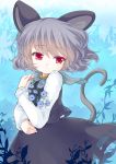  1girl animal_ears flower iris_anemone looking_at_viewer mouse_ears mouse_tail nazrin parted_lips red_eyes short_hair silver_hair solo tail touhou wind 