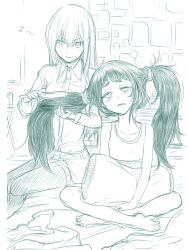  2girls alternate_hairstyle barefoot belt black_pantyhose blush brushing_another's_hair brushing_hair collarbone commentary_request crossed_legs dress_shirt hair_between_eyes hair_brush head_tilt highres hiyajou_maho holding holding_hair_brush indian_style indoors long_hair makise_kurisu menomorute monochrome multiple_girls music musical_note no_jacket no_necktie pantyhose science_adventure shirt shorts singing sitting smile spoken_musical_note steins;gate steins;gate_0 twintails very_long_hair waking_up 