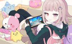  1girl animal_bag blush breasts brown_hair brown_skirt collared_shirt danganronpa_(series) danganronpa_2:_goodbye_despair danganronpa_2x2 diaper flipped_hair hair_ornament handheld_game_console heterochromia highres holding holding_handheld_game_console hood jacket long_sleeves looking_at_viewer medium_hair monomi_(danganronpa) nanami_chiaki niwaniha0711 open_clothes open_jacket pink_bag pink_eyes pink_ribbon ribbon shirt skirt smile thigh-highs two-tone_shirt white_shirt 