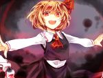  1girl :d blonde_hair darkness frilled_skirt frills hair_ribbon kutsuki_kai open_mouth outstretched_arms red_eyes ribbon rumia shirt short_hair skirt smile spread_arms touhou vest 