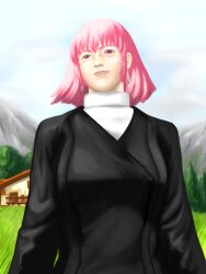  1girl absurdres building commentary_request earrings grass gundam haman_karn highres jewelry looking_to_the_side nyankot pine_tree pink_eyes pink_hair short_hair solo tree turtleneck zeta_gundam 