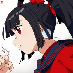  1girl achika_(overlord_jc) black_neckerchief black_sailor_collar blunt_bangs blunt_sidelocks clenched_hand earrings from_side hand_up highres jewelry neckerchief original overlord_jc pearl_earrings portrait profile red_eyes red_serafuku sailor_collar school_uniform serafuku serious sidelocks solo sphere_earrings tri_tails 
