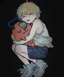  1boy :3 black_background black_shorts blonde_hair chainsaw_man closed_eyes closed_mouth commentary_request denji_(chainsaw_man) highres holding male_focus onza_(on_onza) open_mouth pochita_(chainsaw_man) shoes short_hair shorts simple_background sneakers tank_top white_shoes white_tank_top 