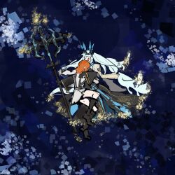  2girls ahoge fate/grand_order fate_(series) fujimaru_ritsuka_(female) hair_between_eyes highres holding holding_polearm holding_weapon hug long_hair mogukong_1238 morgan_le_fay_(fate) morgan_le_fay_(queen_of_winter)_(fate) multiple_girls orange_hair polearm ponytail short_hair very_long_hair weapon white_hair 