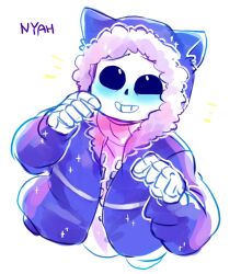  1boy 2015 2d animal_hood blue_blush blue_hood blue_jacket blush cat_ears cat_hood colored_blush commentary cropped_torso cute digital_media english_commentary fur-trimmed_jacket fur_trim hands_up hollow_eyes hood hood_up hooded_jacket humanoid jacket male male_focus male_only monster monster_boy open_clothes open_jacket paw_pose pink_fur sans_(undertale) shirt simple_background skeleton solo sparkle teeth text ttoba undead undertale utdr_(toby_fox) white_background white_shirt 