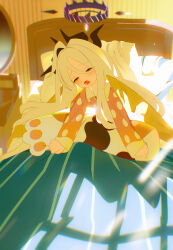  1girl absurdres blue_archive bm_tol closed_eyes commentary demon_horns dress halo highres hina_(blue_archive) hina_(pajamas)_(blue_archive) horns indoors long_hair official_alternate_costume on_bed open_mouth pajamas pink_dress pink_pajamas polka_dot polka_dot_dress polka_dot_pajamas purple_halo solo under_covers waking_up white_hair 