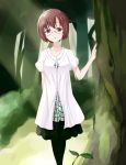  1girl black_legwear brown_eyes brown_hair dress glasses green_dress highres holding looking_at_viewer open_mouth pantyhose plant saki shibuya_takami shirt short_hair solo standing tree wawawa_(hisuterisisusa) white_shirt 