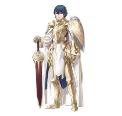  1boy absurdres alfonse_(fire_emblem) alfonse_(opening_miracle)_(fire_emblem) arm_shield armor blue_eyes blue_hair cape closed_mouth commentary english_commentary fire_emblem fire_emblem_heroes full_body gauntlets gradient_hair hand_on_hilt highres kozaki_yuusuke looking_at_viewer male_focus multicolored_hair official_art pelvic_curtain second-party_source sheath sheathed shield short_hair simple_background solo standing sword weapon white_background 