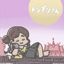  1girl :3 barefoot brown_hair brown_skirt character_name closed_eyes dark-skinned_female dark_skin ferret-san gloves gradient_sky grey_gloves grey_skirt hair_bun highres kantai_collection lying military_uniform on_side sash skirt sky solo temple thick_eyebrows thonburi_(kancolle) yellow_sash 