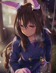  1girl admire_vega_(umamusume) animal_ears blurry blurry_background blush box breasts christmas christmas_present cityscape collarbone gift gift_box heavy_breathing highres holding holding_gift horse_ears horse_girl horse_tail long_hair medium_breasts mittens outdoors pleated_skirt ponytail pov revision school_uniform skirt snowing solo starheart sweat tail tracen_school_uniform tracen_winter_coat umamusume winter_uniform 