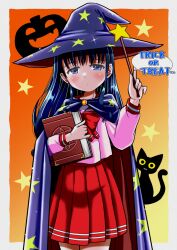 1girl black_cape black_cat black_hair blue_eyes blue_hair book border bow bowtie cape cat closed_mouth commentary_request cowboy_shot dot_mouth halloween hand_up hat hiro68 holding holding_book holding_wand jack-o'-lantern kurusugawa_serika looking_at_viewer outside_border pleated_skirt print_cape print_headwear pumpkin red_bow red_bowtie red_cape red_sailor_collar red_skirt sailor_collar school_uniform serafuku shirt skirt solo speech_bubble standing star_(symbol) star_print star_wand to_heart to_heart_(series) trick_or_treat two-sided_cape two-sided_fabric wand white_border white_shirt witch_hat 