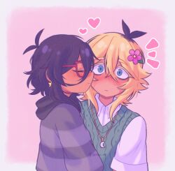  1boy 1girl alternate_skin_color antenna_hair basil_(faraway)_(omori) basil_(omori) blush closed_eyes closed_mouth collared_shirt commentary crescent crescent_necklace crossed_bangs dark-skinned_female dark-skinned_male dark_skin donuqx double-parted_bangs earrings english_commentary flower glasses green_sweater_vest grey_hoodie hair_between_eyes hair_flower hair_ornament heart hetero hood hood_down hoodie jewelry kiss kissing_cheek long_sleeves looking_at_viewer mincy_(omori) multicolored_hair necklace omori red-framed_eyewear roots_(hair) shirt short_sleeves sidelocks smile star_(symbol) star_earrings striped_clothes striped_hoodie sweater_vest tumblr_username white_shirt 