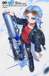  1boy artist_name black_boots black_choker black_jacket black_pants blue_eyes blue_hair blurry blurry_foreground boots choker commentary e-liter_4k_(splatoon) eyewear_on_head full_body highres holding holding_weapon ink jacket jinkoika long_hair looking_at_viewer male_focus octoling octoling_boy octoling_player_character open_clothes open_jacket paint pants red_shirt shadow shirt solo splatoon_(series) splatoon_3 standing sunglasses tentacle_hair torn_clothes torn_pants twitter_username watermark weapon white_background yellow-framed_eyewear 