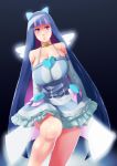  1girl angel_wings bare_legs blue_hair bow breasts choker cleavage detached_sleeves dress frilled_dress frills glowing hair_bow huge_breasts long_hair maydrawfag mini_wings multicolored_hair panty_&amp;_stocking_with_garterbelt pink_hair sagging_breasts solo spaghetti_strap stocking_(psg) two-tone_hair very_long_hair violet_eyes wings 