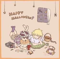  2boys :> alternate_costume angel angel_wings antenna_hair bag barefoot basil_(faraway)_(omori) basil_(omori) basket black_eyes black_hair black_shirt black_socks blonde_hair blush bright_pupils brown_shorts candy character_doll closed_eyes closed_mouth commentary_request doll double-parted_bangs fake_halo fake_wings feet_up flower flower_wreath food hair_between_eyes halloween halloween_costume halo handheld_game_console happy_halloween head_wreath_removed highres holding holding_handheld_game_console lollipop_in_mouth lying male_focus multiple_boys mummy_costume omori on_stomach pancake_bunny_(omori) panyanonidaime pillow shirt short_sleeves shorts smile socks something_(omori) stuffed_toy sunny_(omori) t-shirt white_pupils wings 